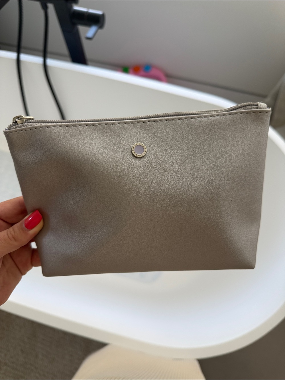 Bulgari Light Metallic Cream Leather Zip Pouch with Logo Disc
